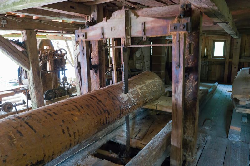 A log on the carriage of a sawmill